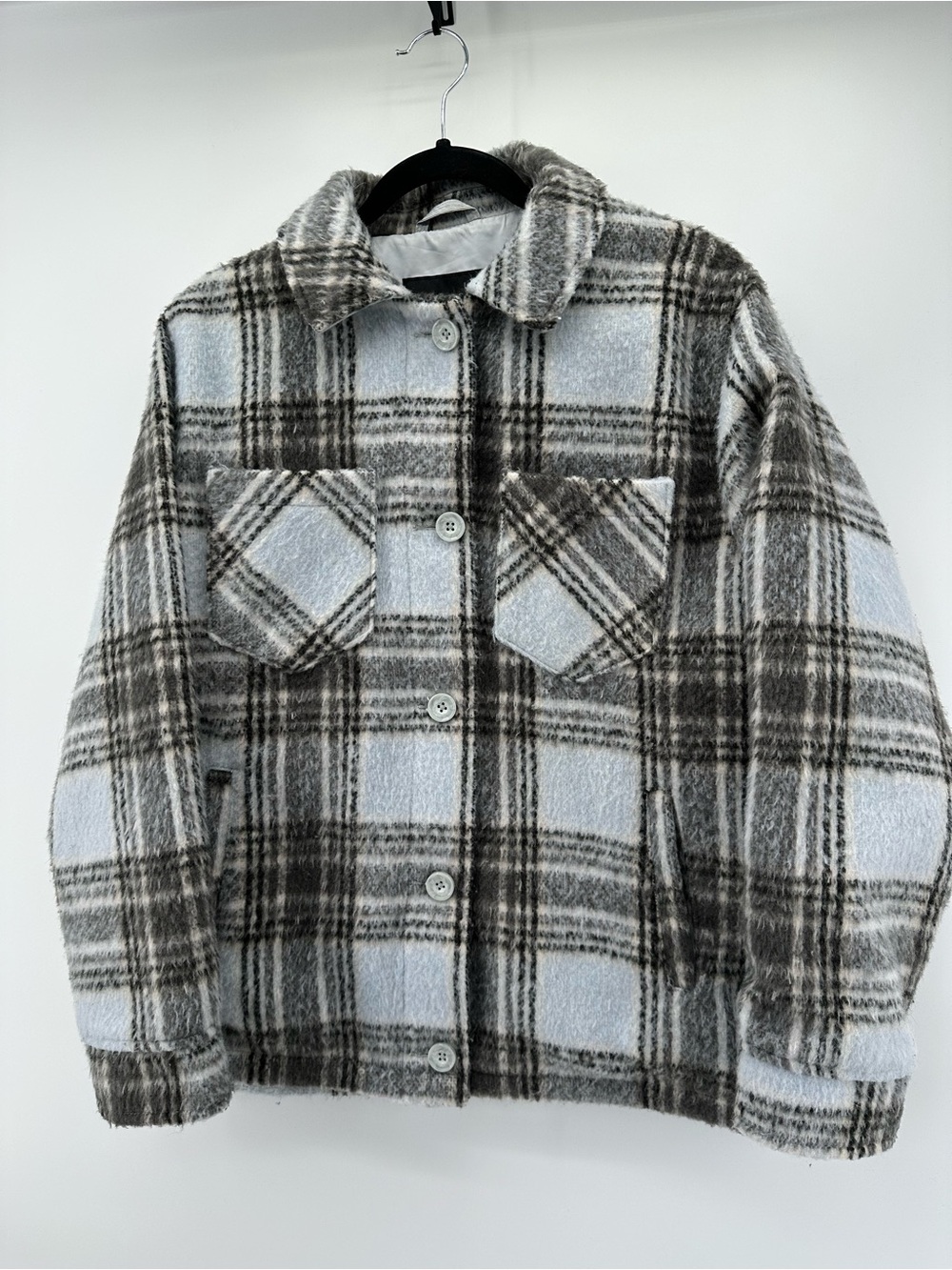 Hollister Light Blue and Gray  and black Plaid Button-Up Jacket size M